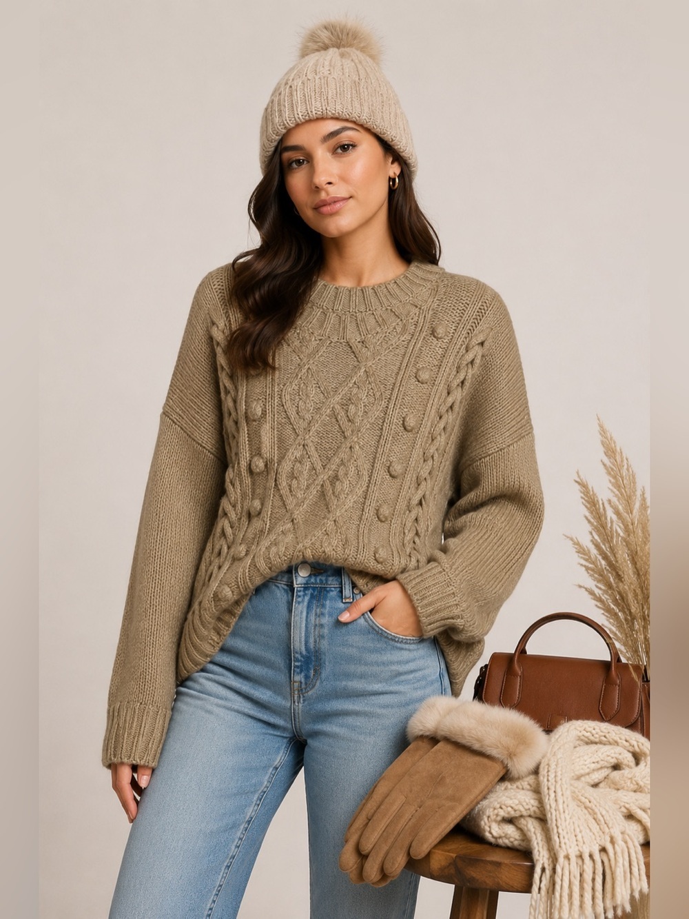 Fab’rik Tan Cable Knit Sweater S/M Oversized Chunky Cozy Pullover Pom Pom Knit